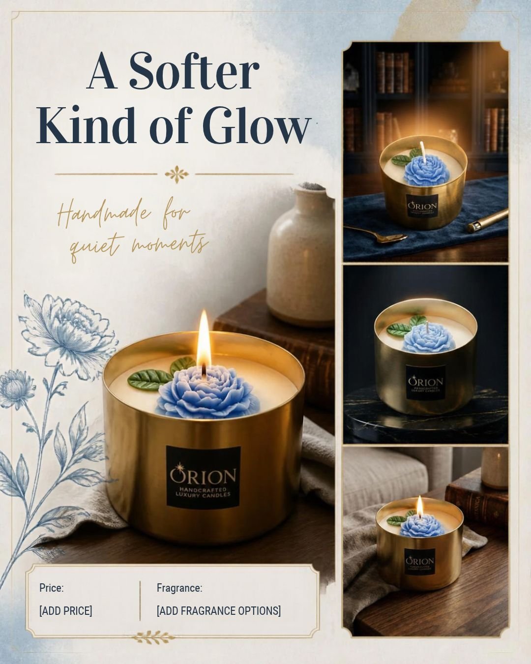 Blue sculpted flower candle in a softly lit gold vessel