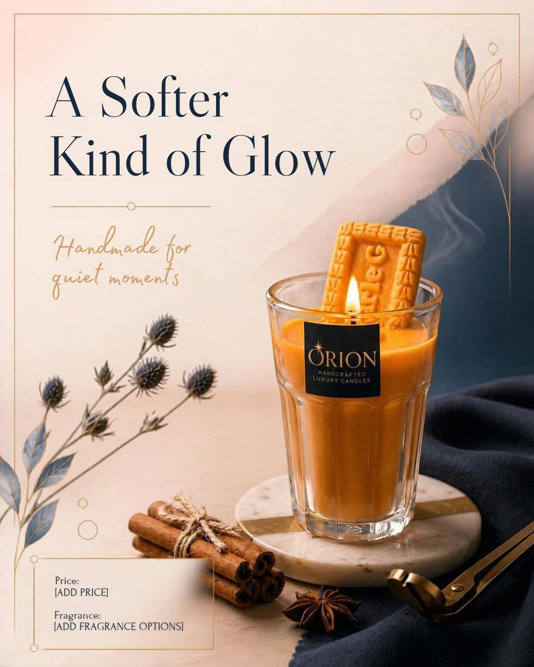 Gold tin candle with a blue floral wax detail on a dark tabletop