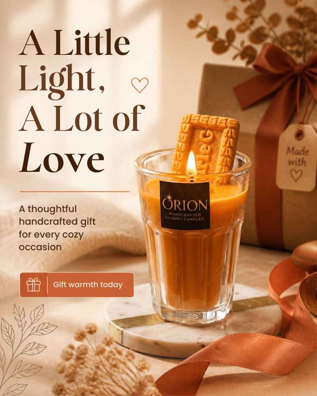 Handcrafted amber candle presented with a ribbon and gift tag