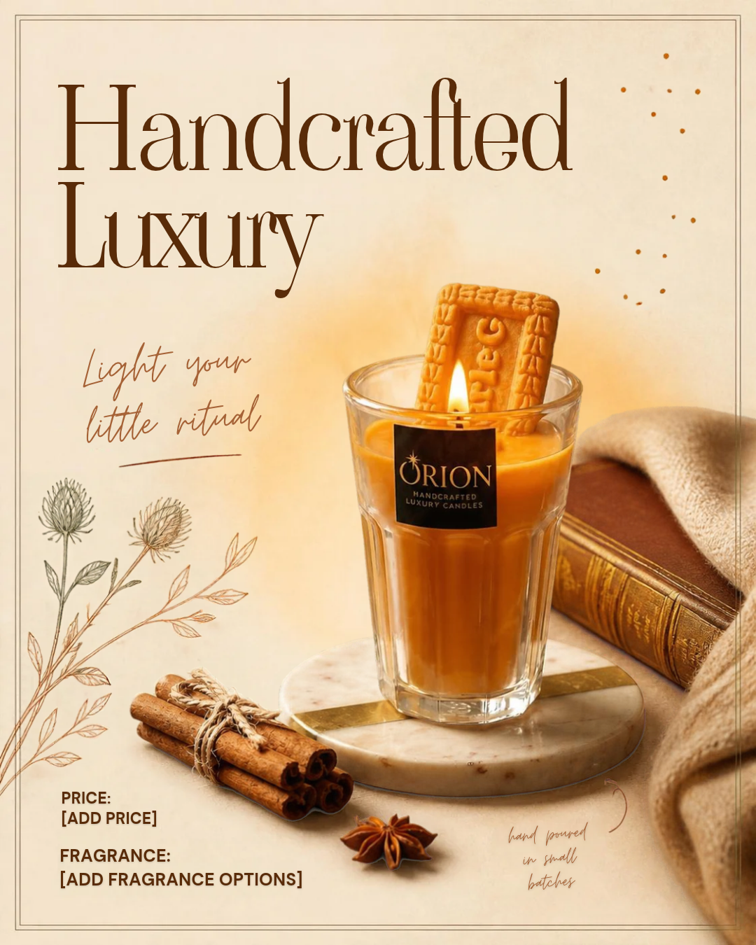 Handcrafted amber candle in a clear tumbler, styled with cinnamon and natural textures